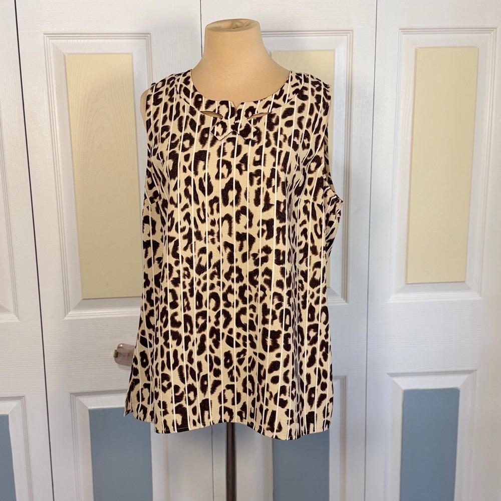 Cabi Leopard Print Striped Sleeveless Blouse Bow Cutout Back Zip 3070 Tan Med